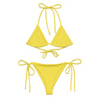 Yellow all-over print bikini for summer with adjustable tie straps and triangle top design