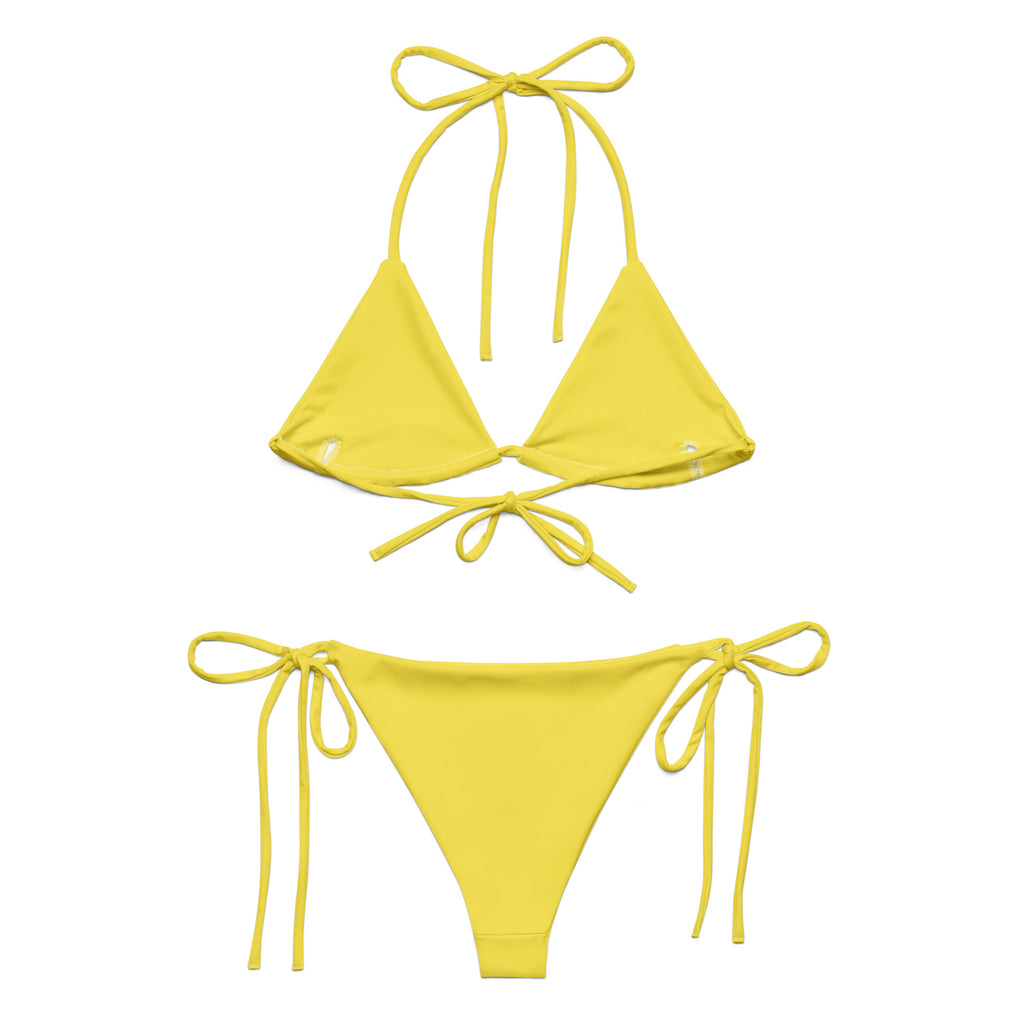 Yellow all-over print bikini for summer with triangle top and tie side bottoms from LuckeLadybug LLC