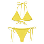 Yellow all-over print bikini for summer with triangle top and tie side bottoms from LuckeLadybug LLC