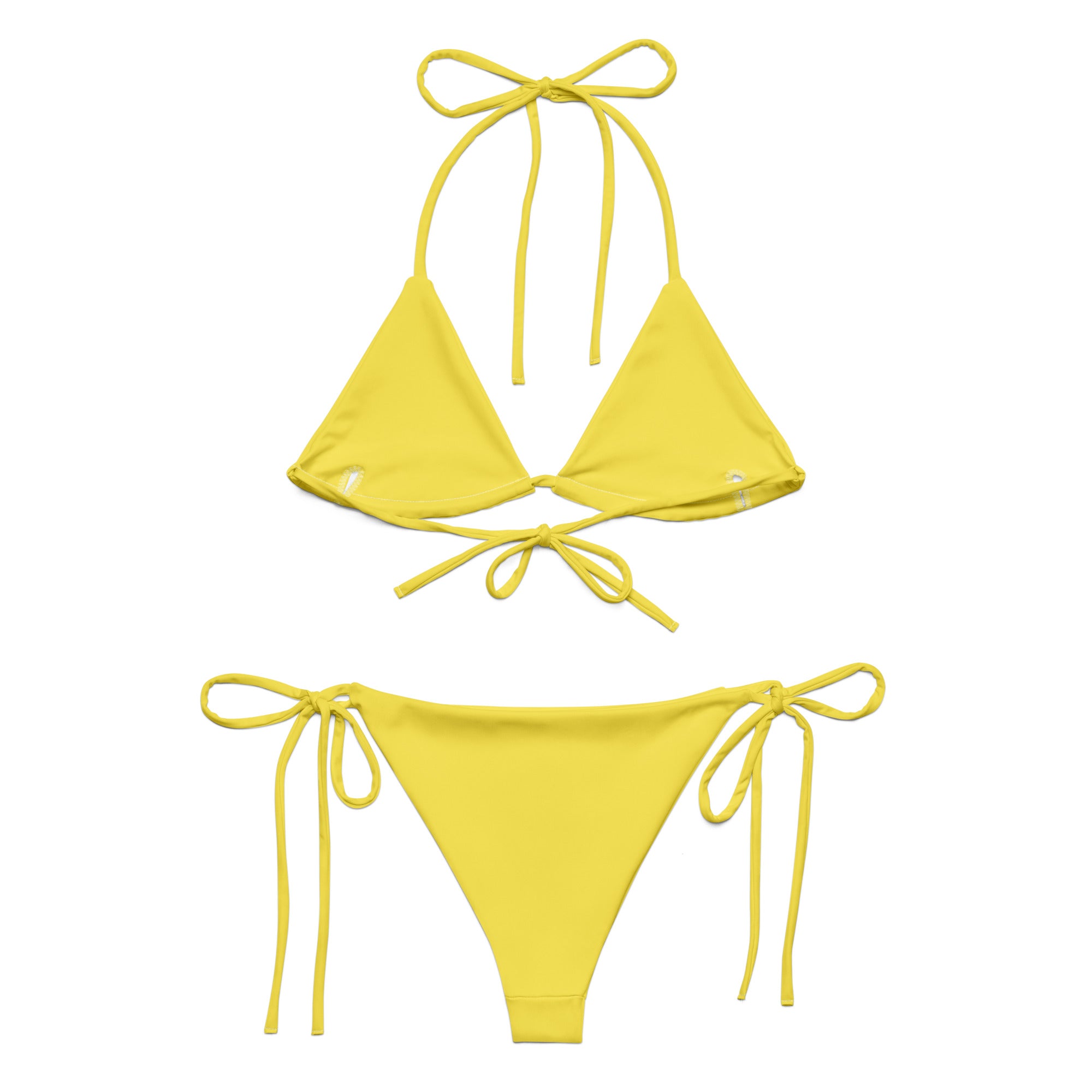 Yellow all-over print bikini for summer with triangle top and tie side bottoms from LuckeLadybug LLC