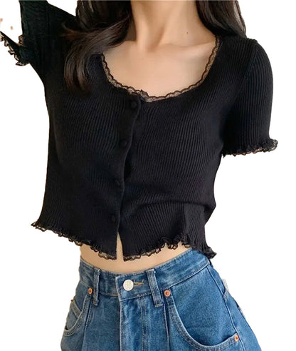 LuckeLadybug LLC women's lace trim short sleeve t-shirt in black with a cropped design and button detail