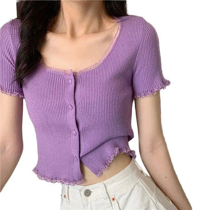 Purple women's lace trim short sleeve t-shirt with button detail and ribbed texture