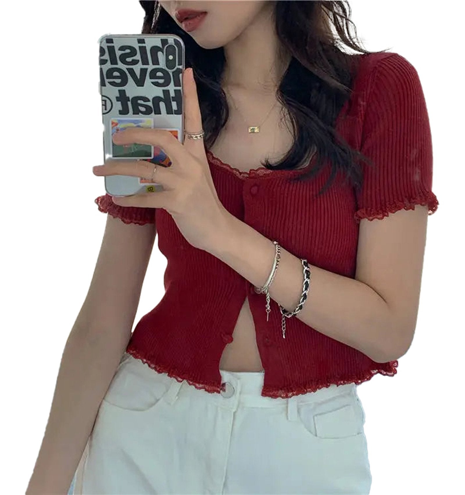 LuckeLadybug women's lace trim short sleeve t-shirt in red with button front and ribbed fabric design