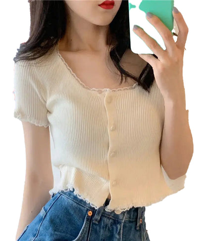 LuckeLadybug LLC women's lace trim short sleeve t-shirt in cream with button details and ribbed texture