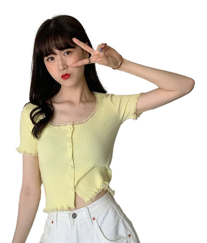 LuckeLadybug LLC women's lace trim short sleeve t-shirt in yellow with button details