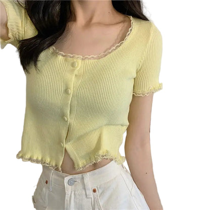 LuckeLadybug LLC women's lace trim short sleeve t-shirt in yellow with a button front and ruffled hem