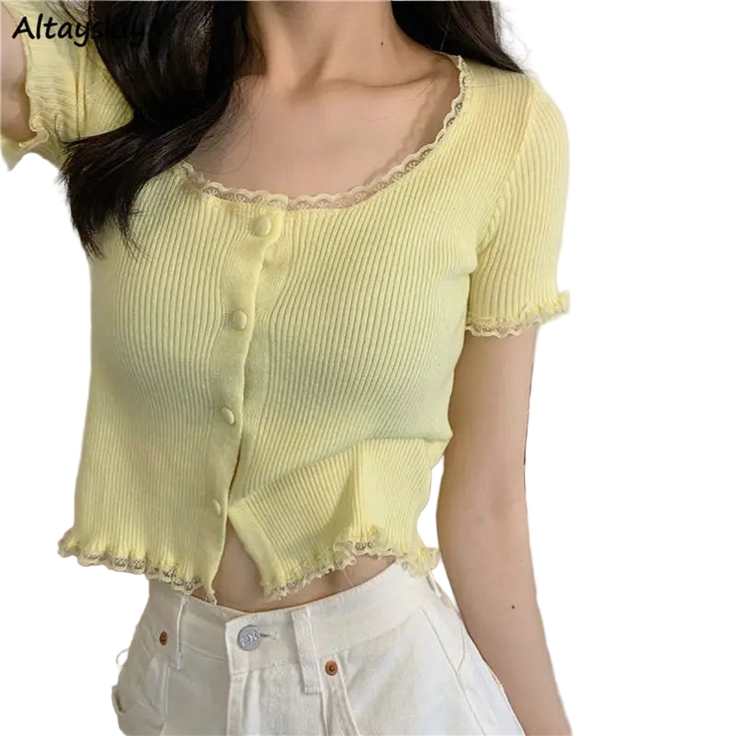 LuckeLadybug women's lace trim short sleeve t-shirt in yellow with buttons and a scalloped hem