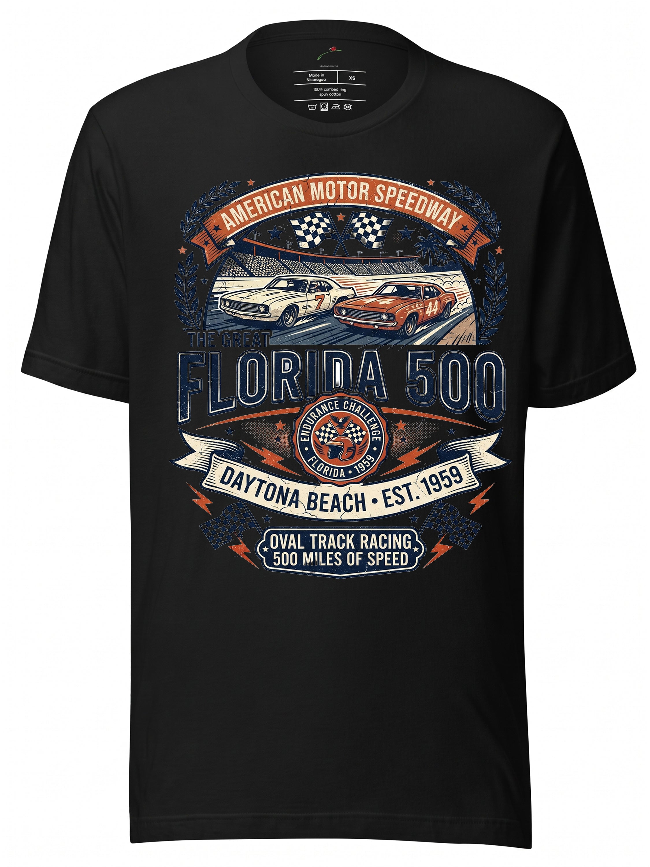 Florida 500 Graphic T-Shirt featuring classic cars and racing details, perfect for motorsport fans and collectors