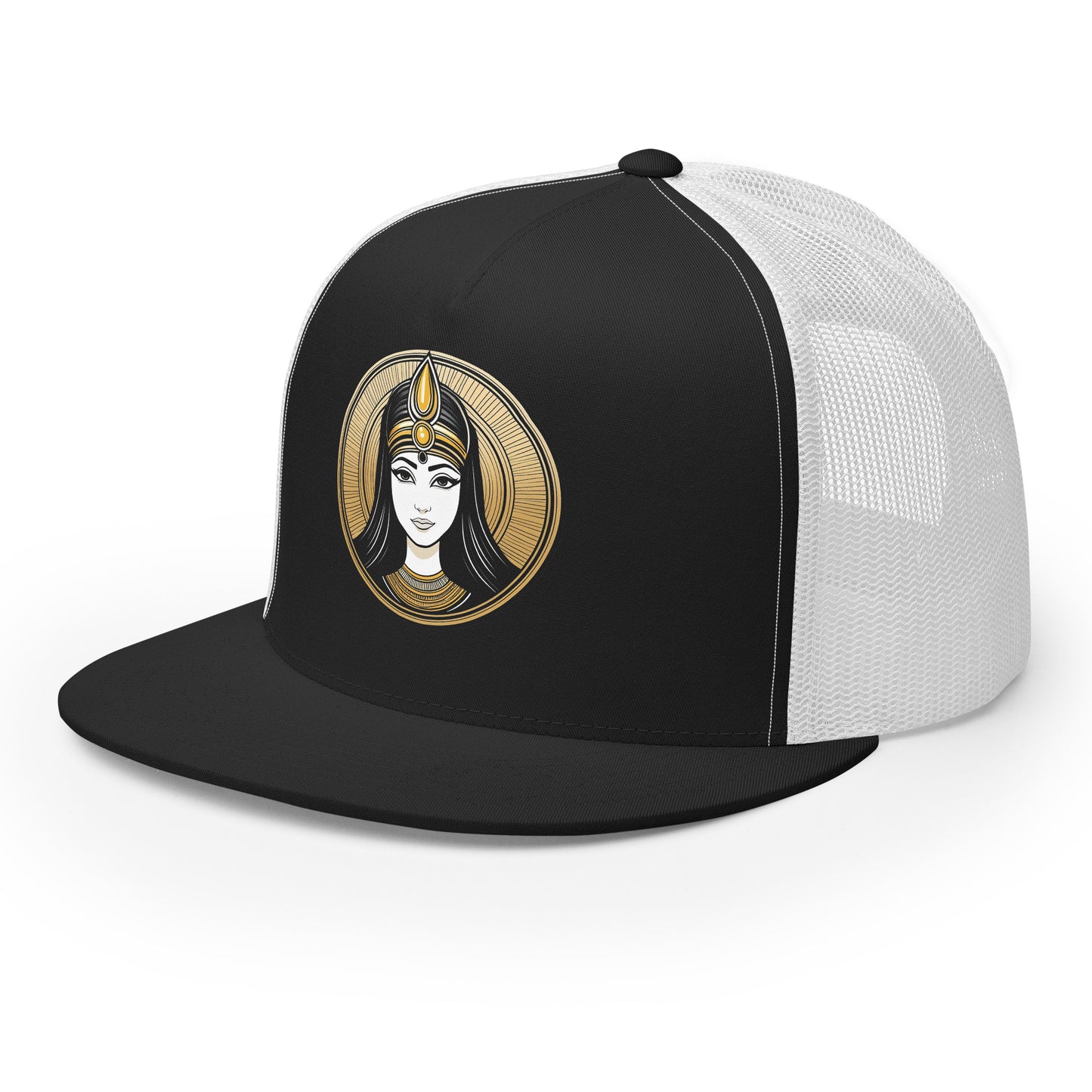 LuckeLadybug black and white trucker hat featuring an ancient beauty snapback cap design with a golden female face emblem