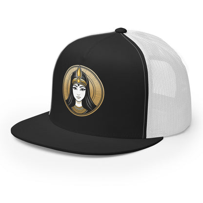 LuckeLadybug black and white trucker hat featuring an ancient beauty snapback cap design with a golden female face emblem