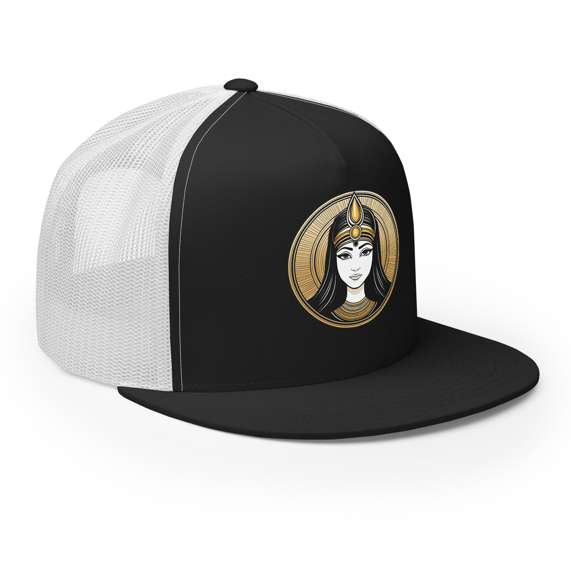 LuckeLadybug black and white trucker hat featuring an ancient beauty snapback cap design with a detailed woman's face emblem