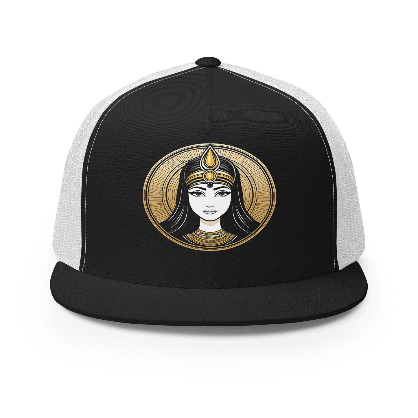 LuckeLadybug ancient beauty snapback cap trucker hat with black front and white mesh back