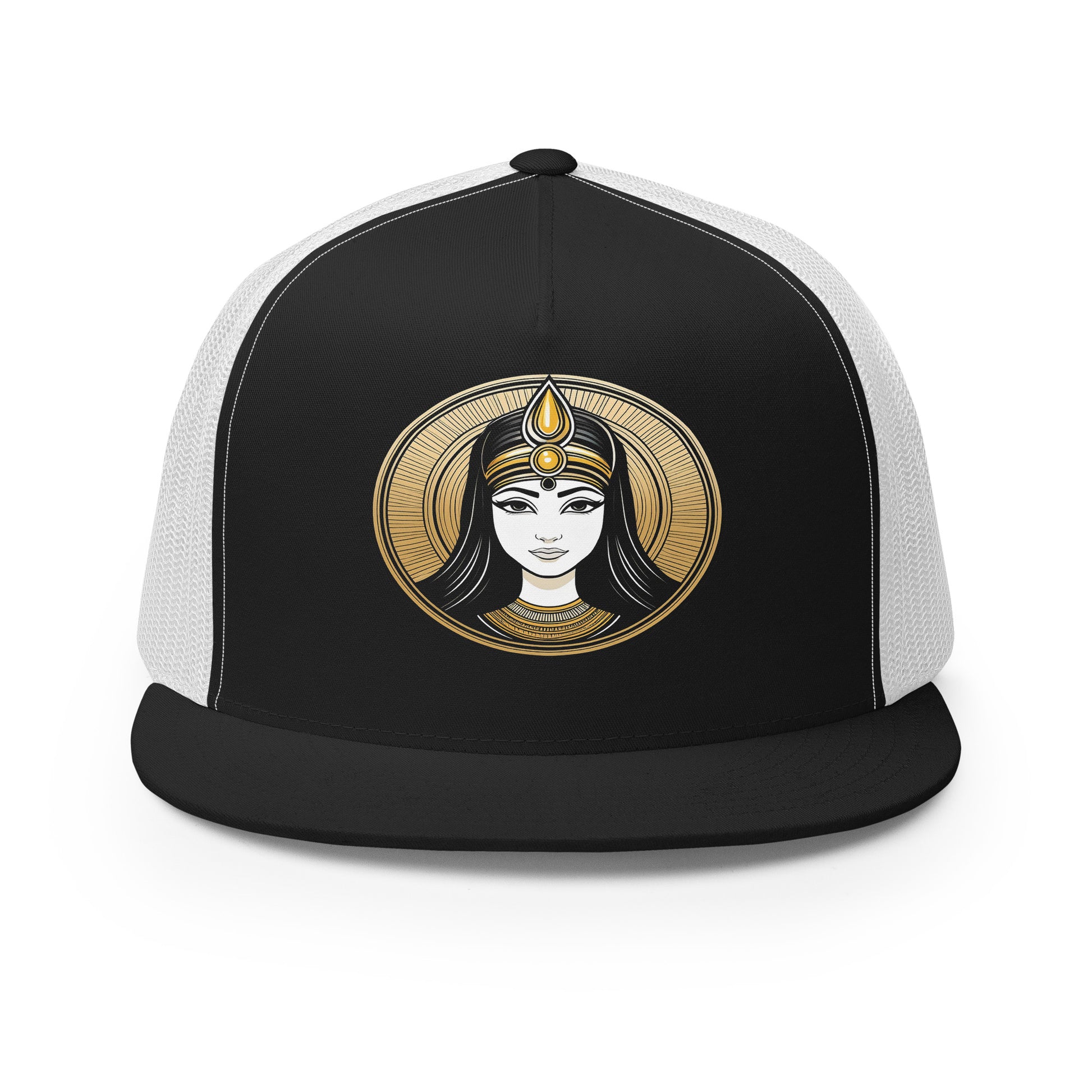 LuckeLadybug ancient beauty snapback cap trucker hat with black front and white mesh back