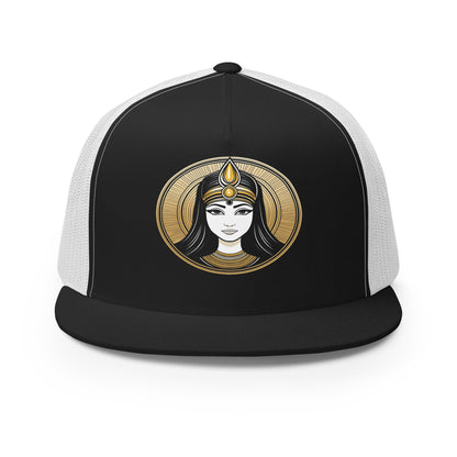 LuckeLadybug ancient beauty snapback cap trucker hat with black front and white mesh back