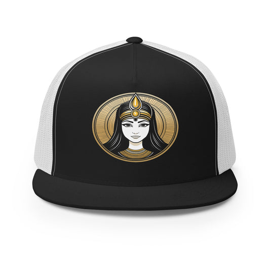 LuckeLadybug ancient beauty snapback cap trucker hat with black front and white mesh back