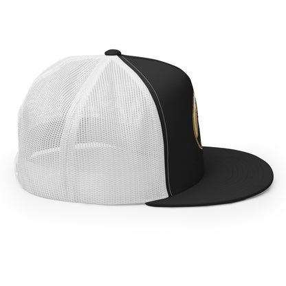 LuckeLadybug black and white trucker hat featuring ancient beauty snapback cap design with mesh back