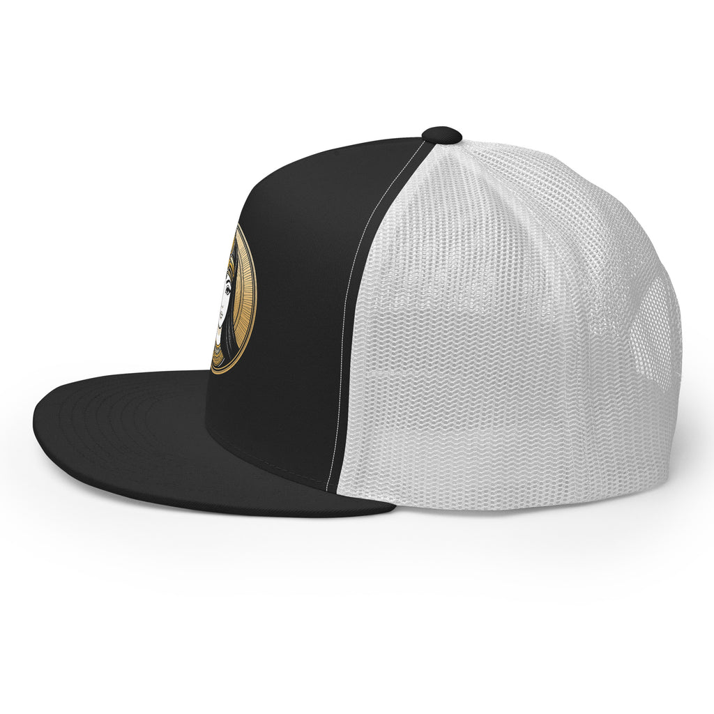 LuckeLadybug black and white trucker hat with mesh back featuring ancient beauty snapback cap design
