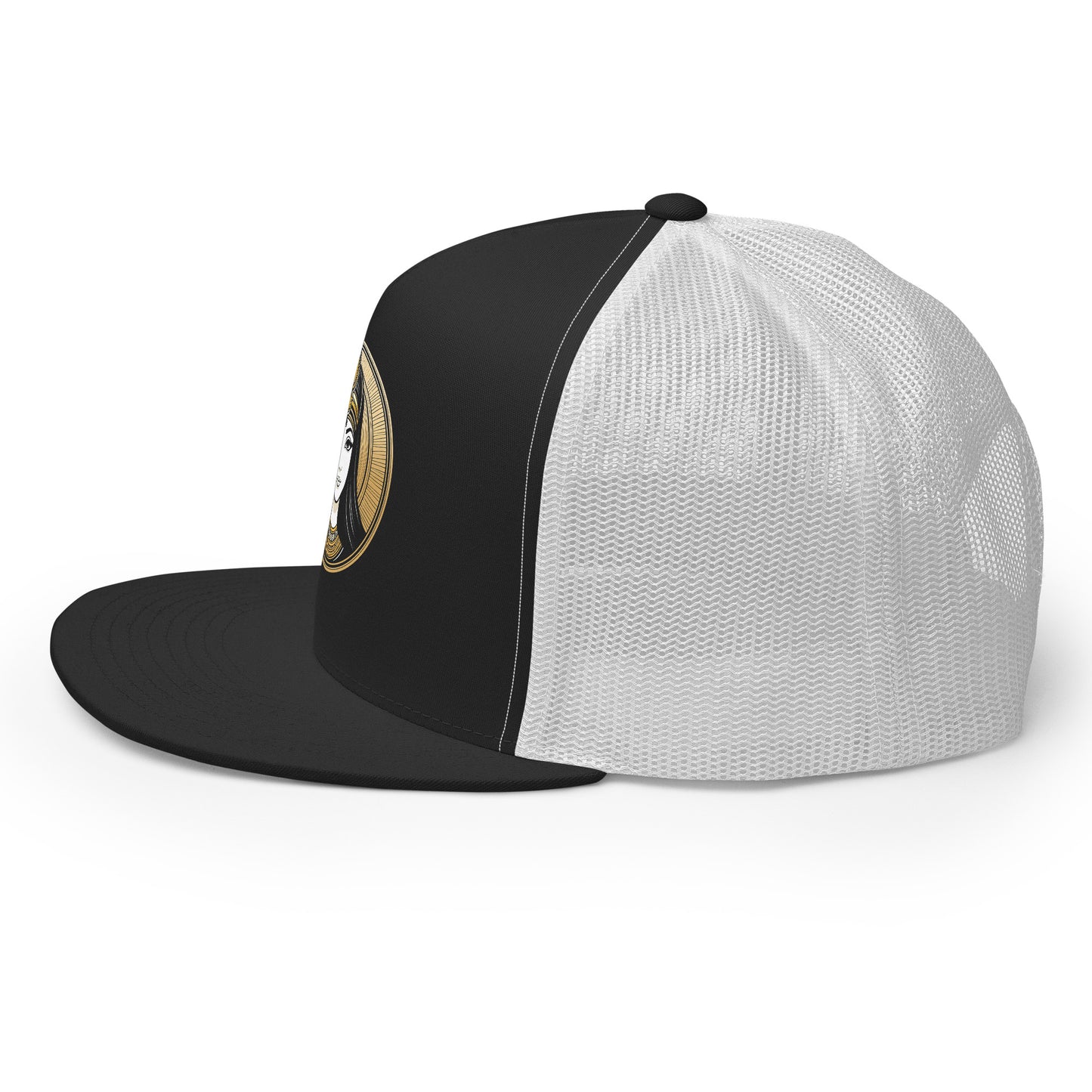 LuckeLadybug black and white trucker hat with mesh back featuring ancient beauty snapback cap design