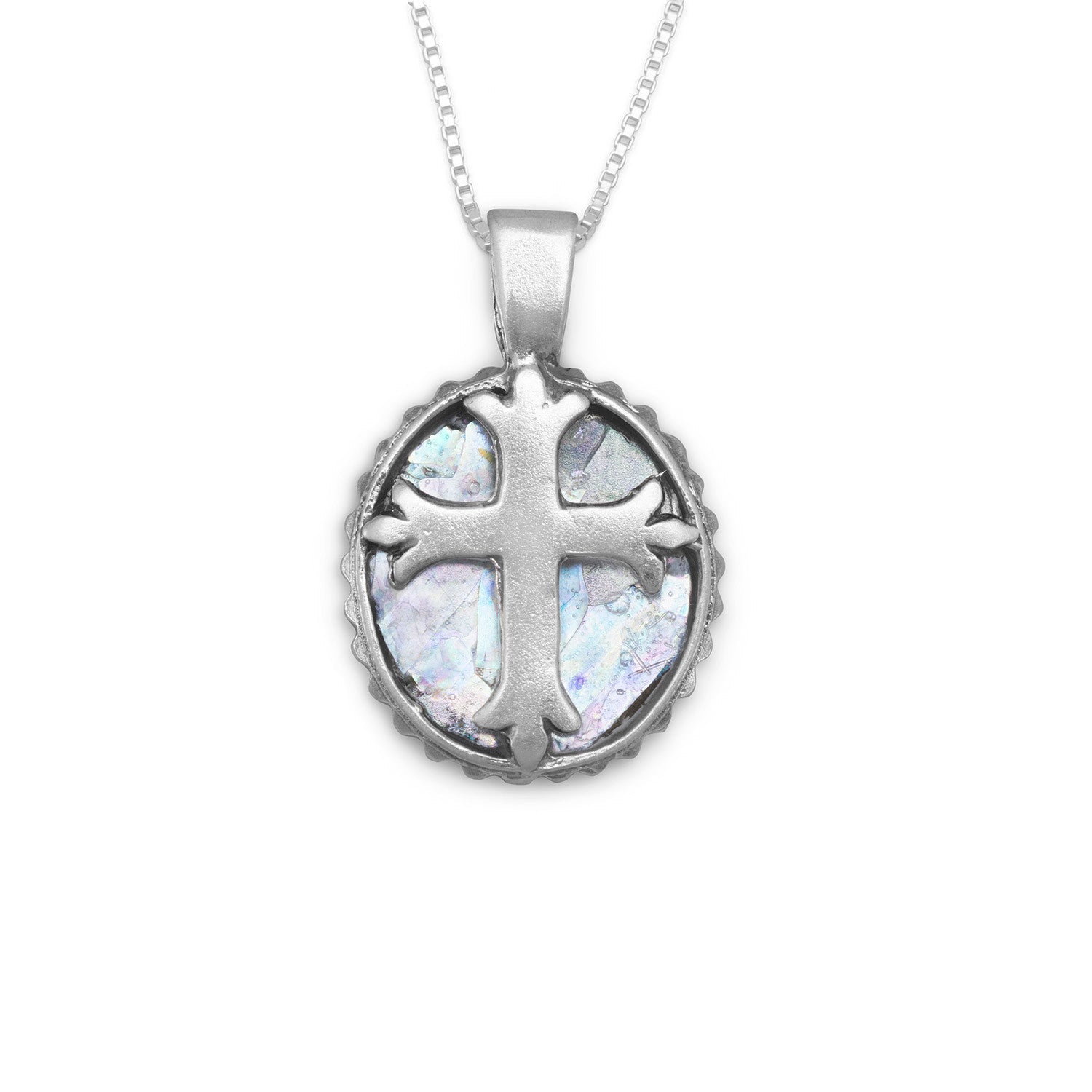 LuckeLadybug LLC ancient Roman glass cross necklace in silver with intricate details and a beautiful iridescent finish