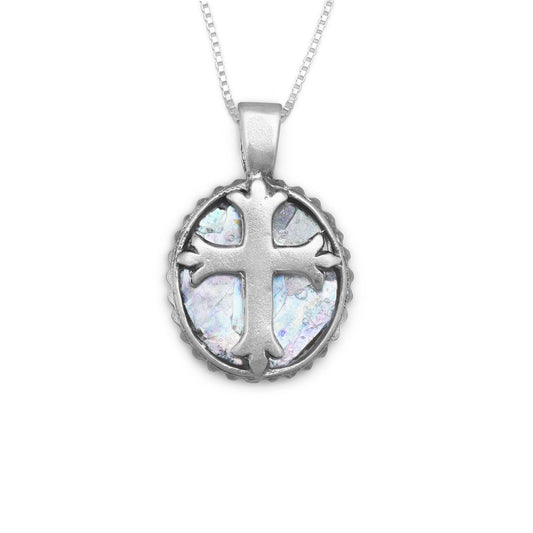 LuckeLadybug LLC ancient Roman glass cross necklace in silver with intricate details and a beautiful iridescent finish