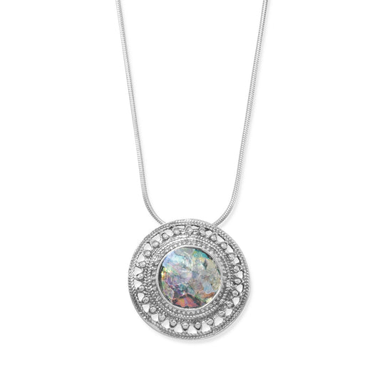 LuckeLadybug LLC ancient Roman glass necklace with a circular silver pendant and intricate detailing
