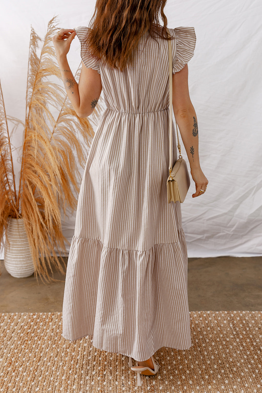 LuckeLadybug LLC Fit & Flare Striped and maxi dress with ruffle sleeves and tiered skirt
