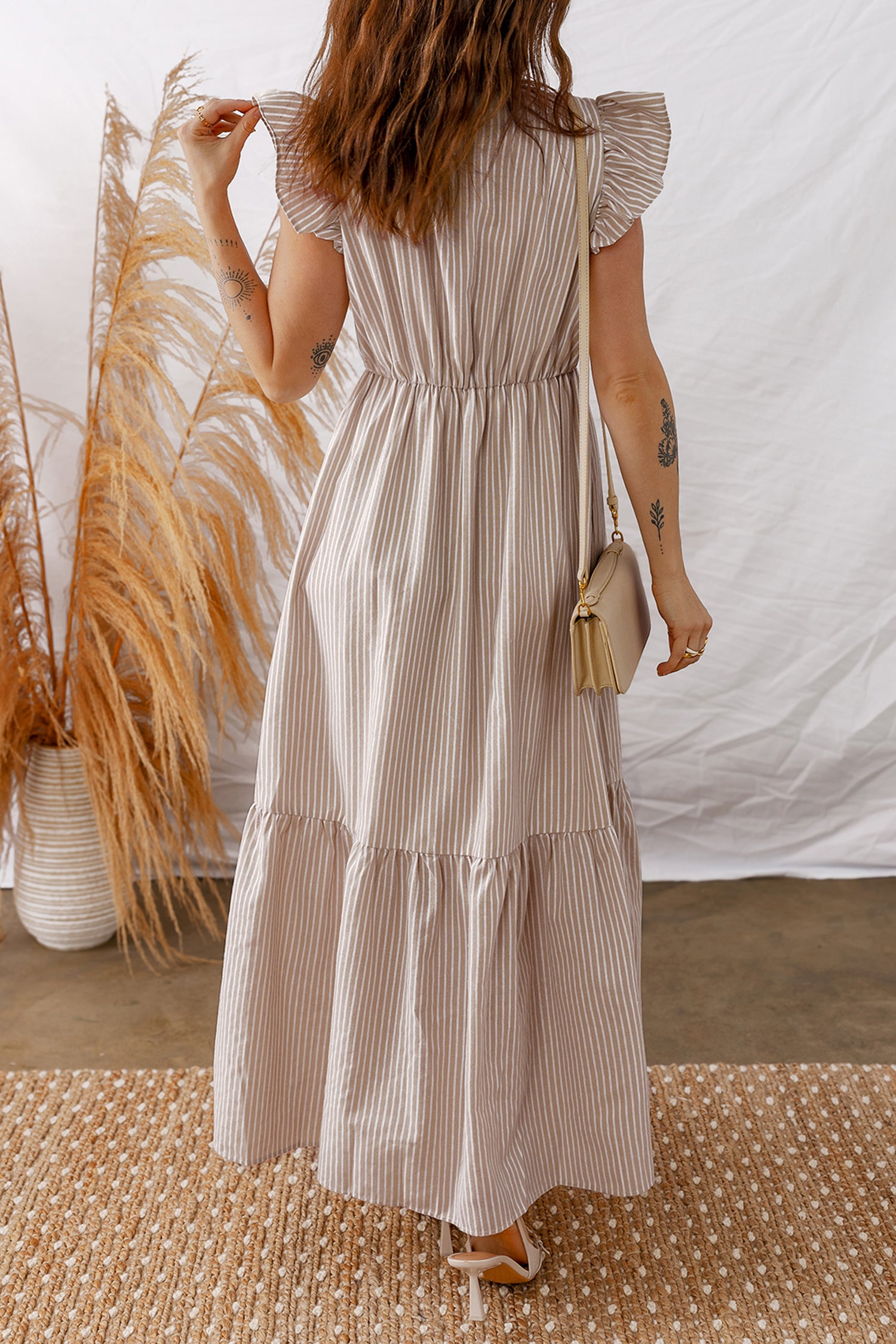 LuckeLadybug LLC Fit & Flare Striped and maxi dress with ruffle sleeves and tiered skirt