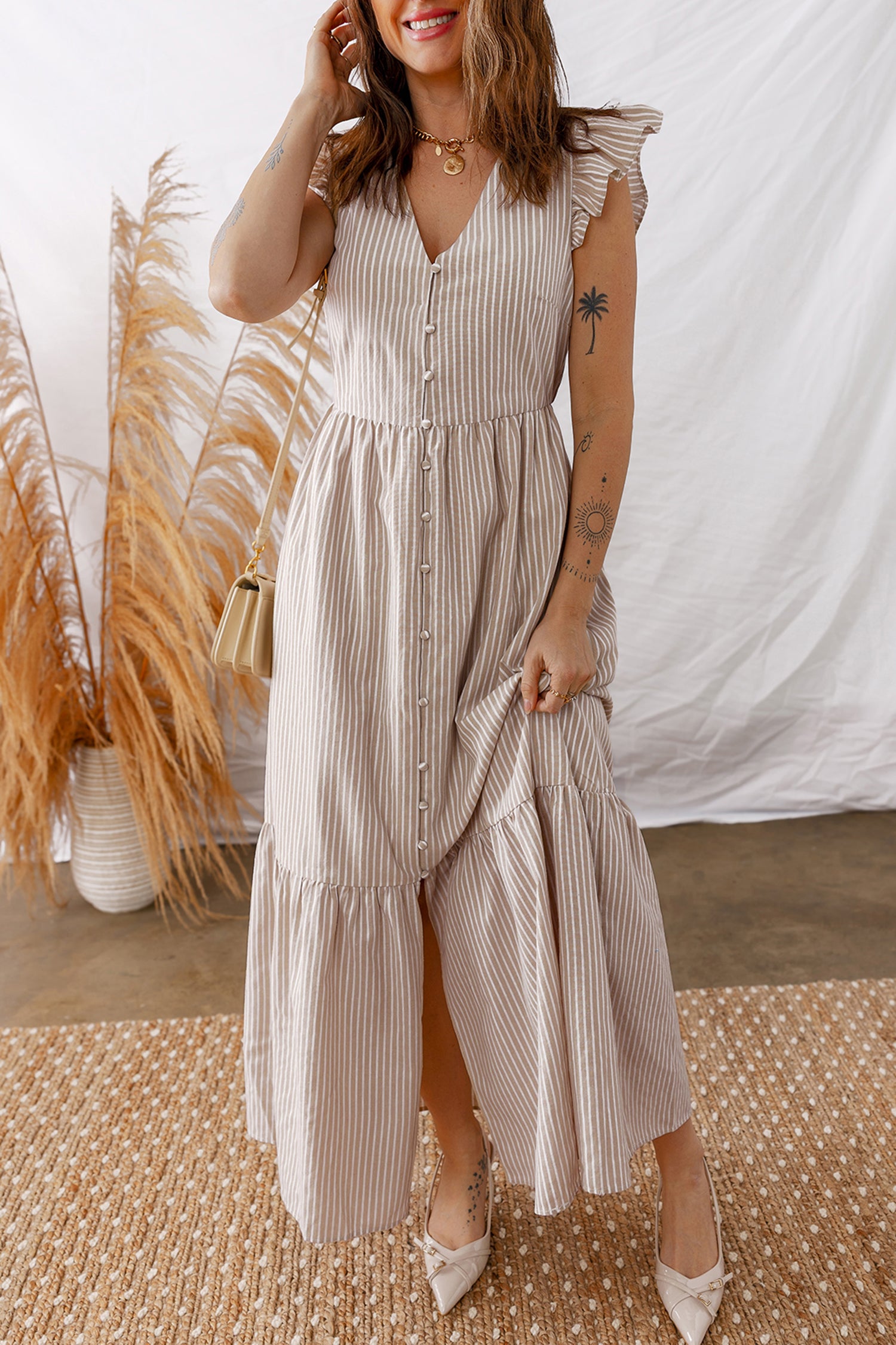 LuckeLadybug LLC Fit & Flare Striped and maxi dress with button details and ruffled sleeves