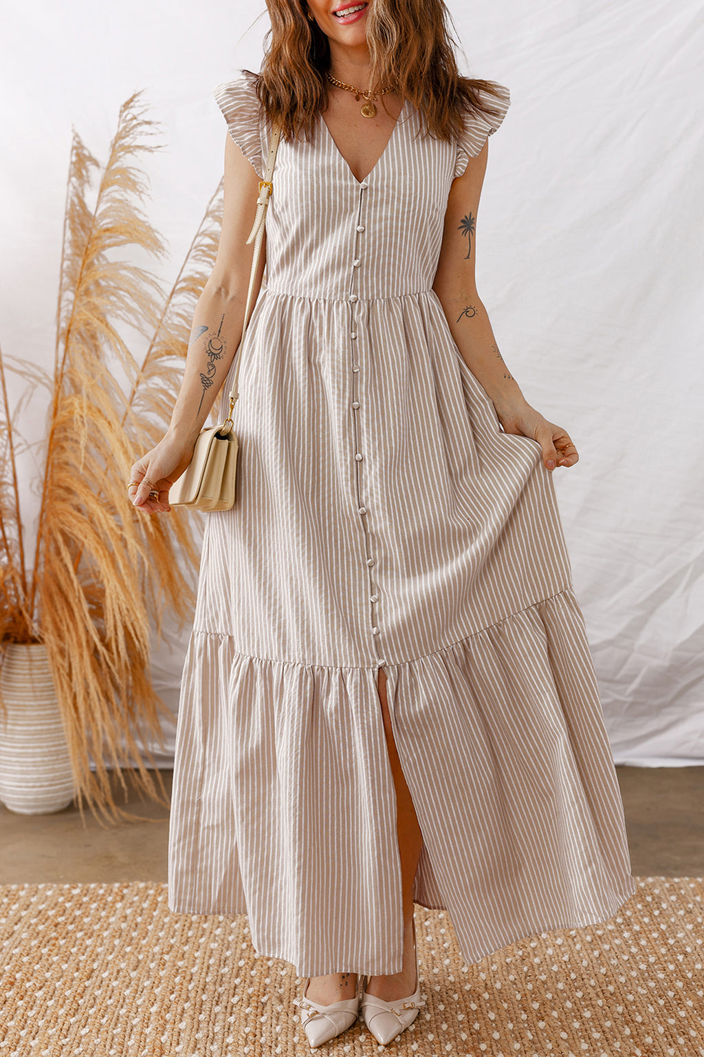 LuckeLadybug LLC Fit & Flare Striped Maxi Dress with Button Front and Ruffle Sleeves