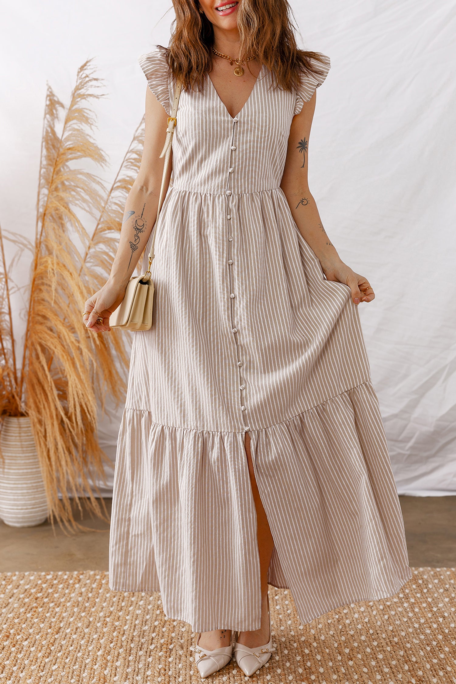 LuckeLadybug LLC Fit & Flare Striped Maxi Dress with Button Front and Ruffle Sleeves