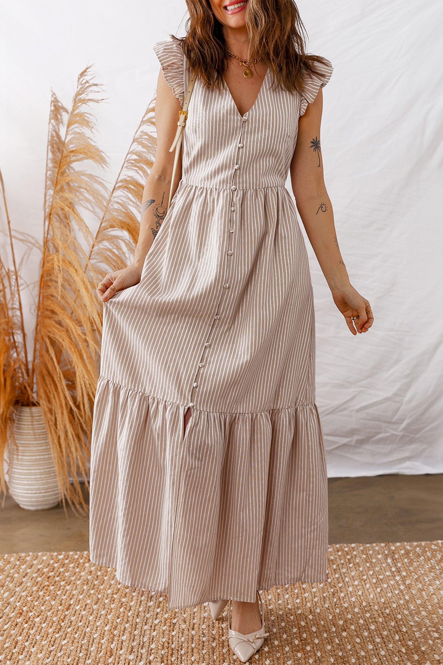 LuckeLadybug Fit & Flare Striped and maxi dress with ruffled sleeves and button details