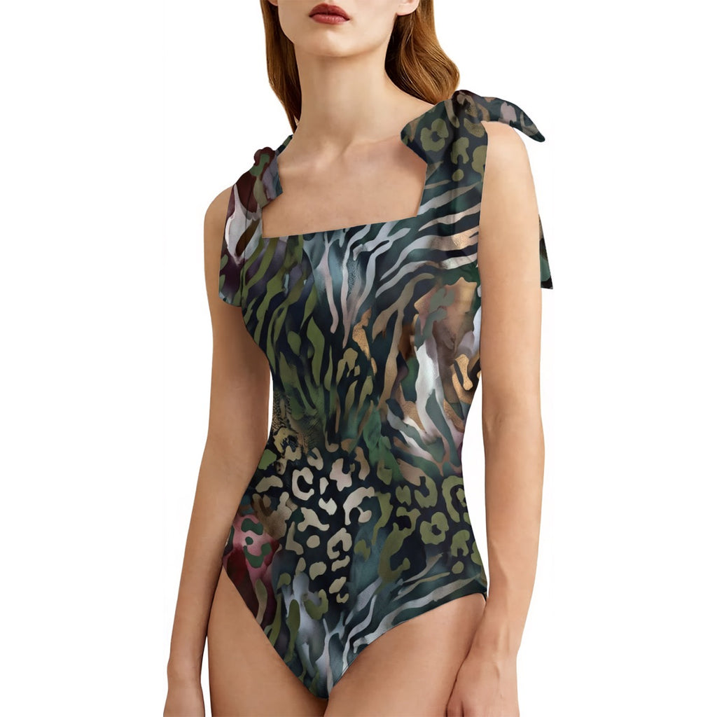LuckeLadybug One-Piece Swimsuit in animal print cheetah design with stylish tied straps