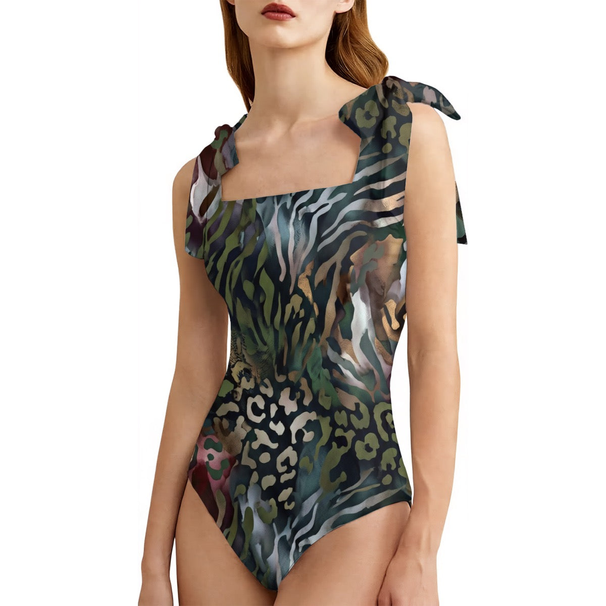 LuckeLadybug One-Piece Swimsuit in animal print cheetah design with stylish tied straps