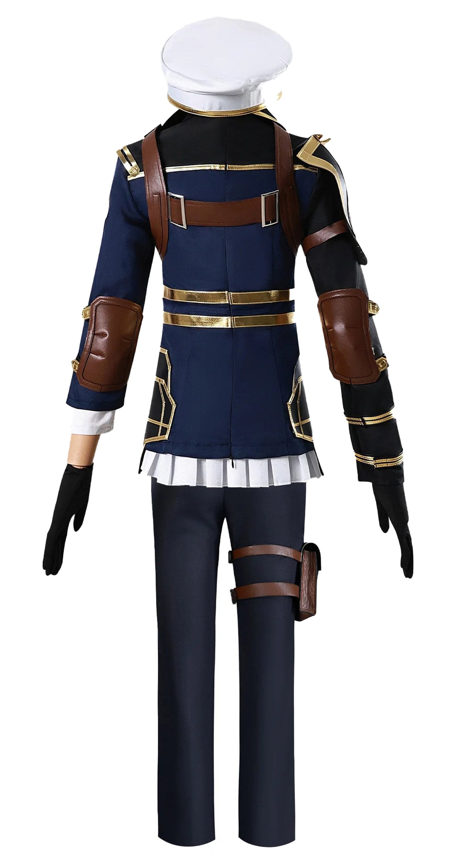 Back view of a navy anime cosplay costume for women with detailed armor and accessories