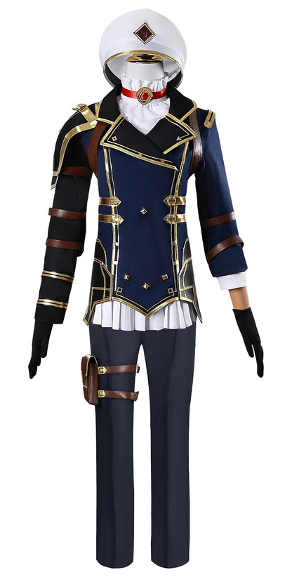 Anime cosplay costume for women featuring a stylish navy outfit with gold accents and accessories