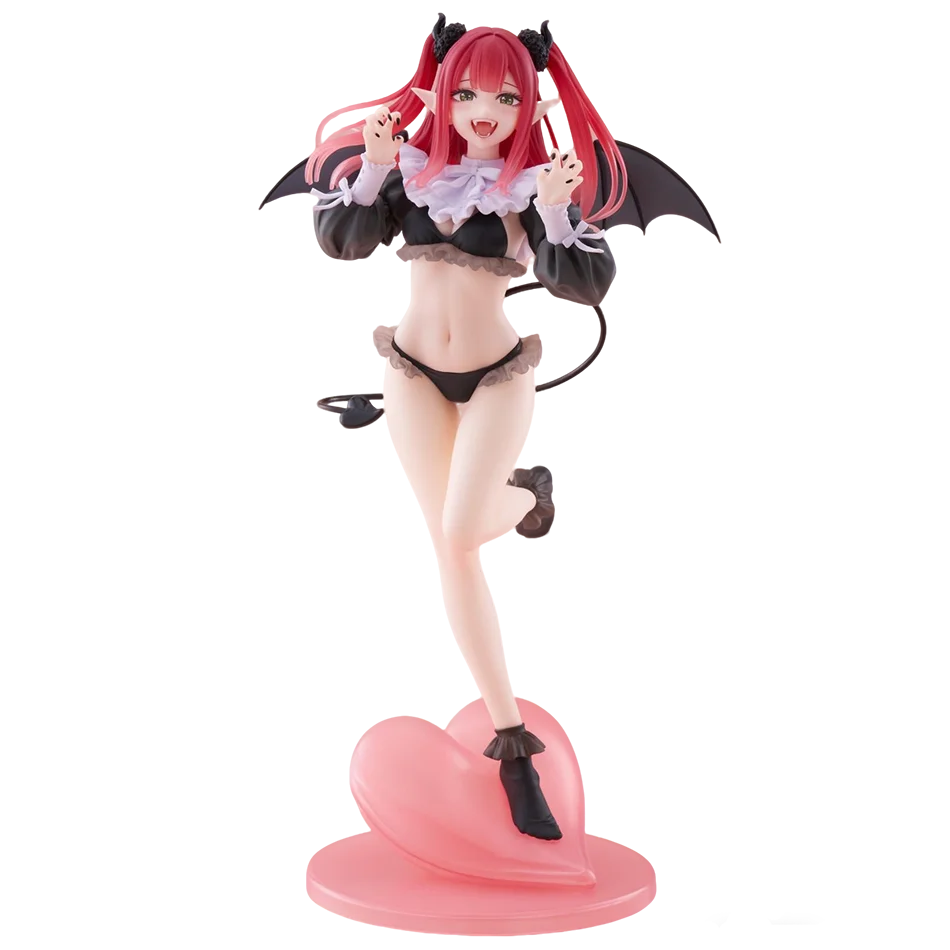 Anime figure of a character with red hair and wings, playfully posed on a pink heart base