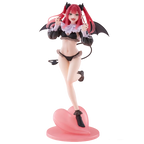 Anime figure of a character with red hair and wings, playfully posed on a pink heart base