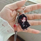 LuckeLadybug LLC anime figure keychain with a character in a black outfit and a sword