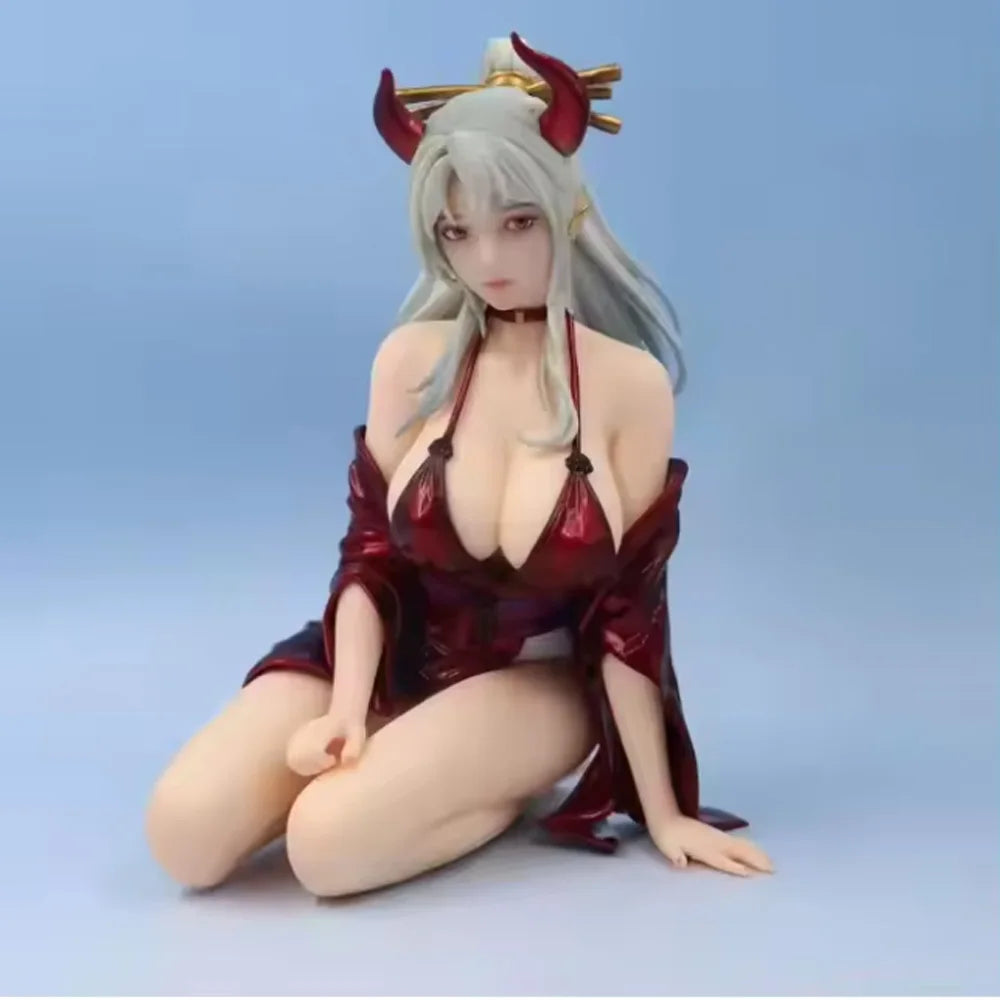 Anime figure of a character with horns and flowing hair, styled in a red outfit, seated gracefully
