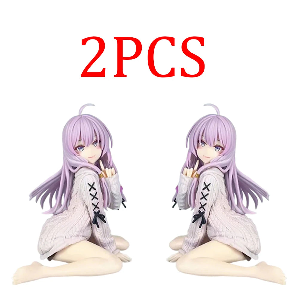 Set of 2 anime figures with purple hair, wearing cozy sweater outfits and sitting in playful poses