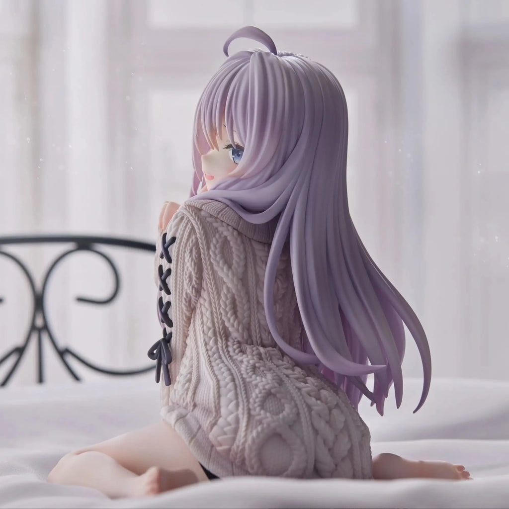 Beautiful anime figure with long lavender hair wearing a cozy sweater, showcasing intricate details