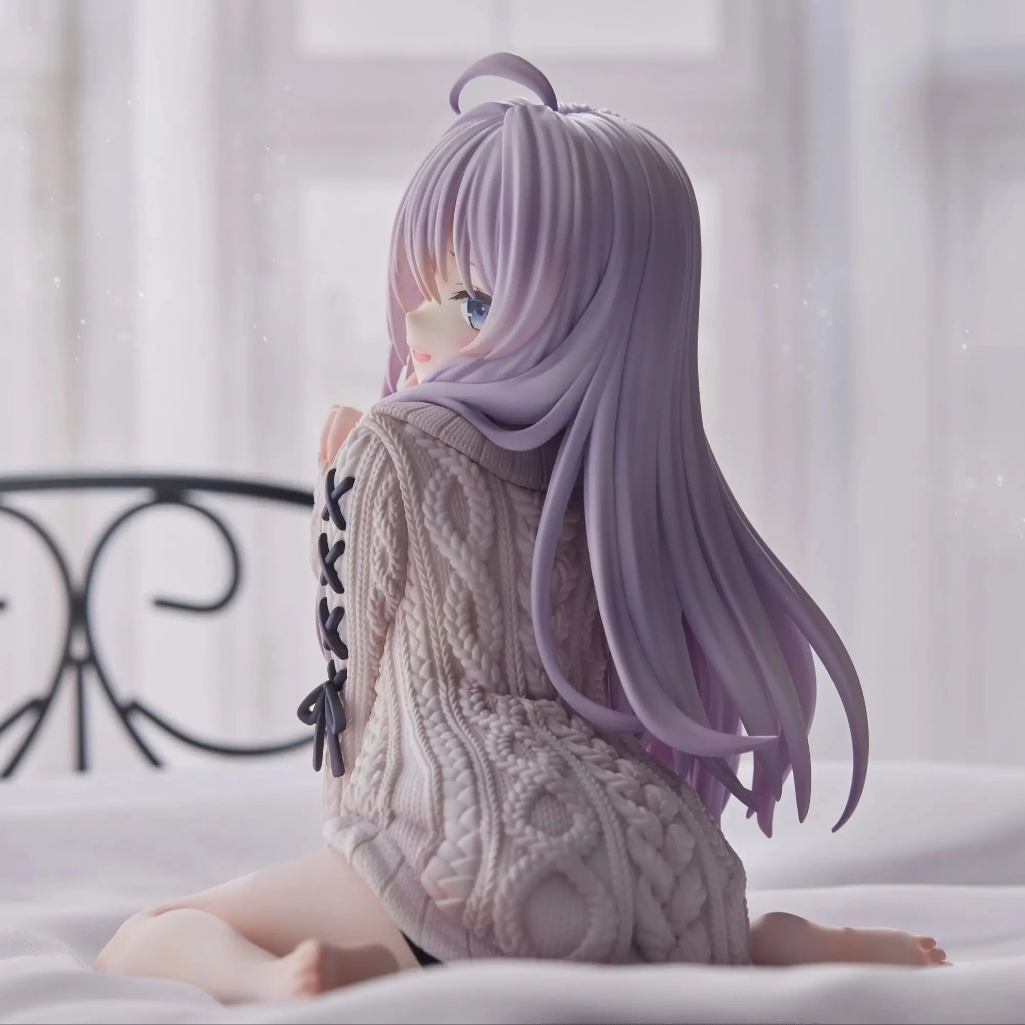Beautiful anime figure with long lavender hair wearing a cozy sweater, showcasing intricate details