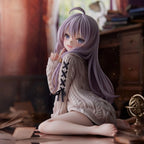 Cute anime figure of a girl in a cozy sweater, sitting playfully on the floor with a warm background