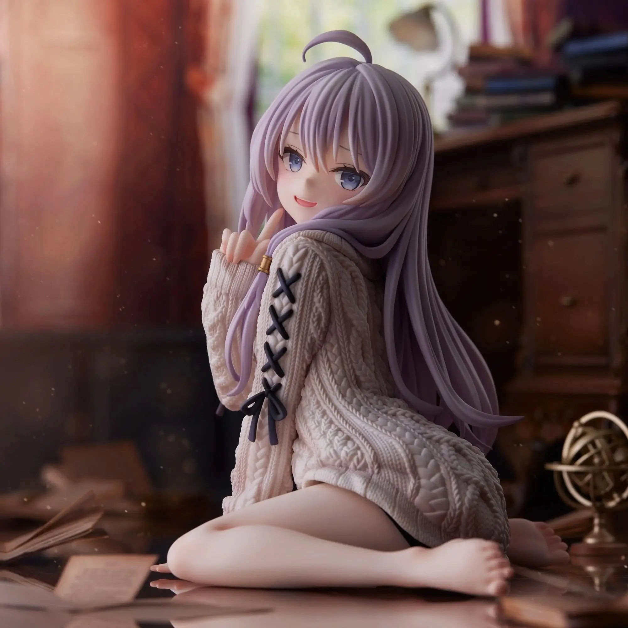 Cute anime figure of a girl in a cozy sweater, sitting playfully on the floor with a warm background