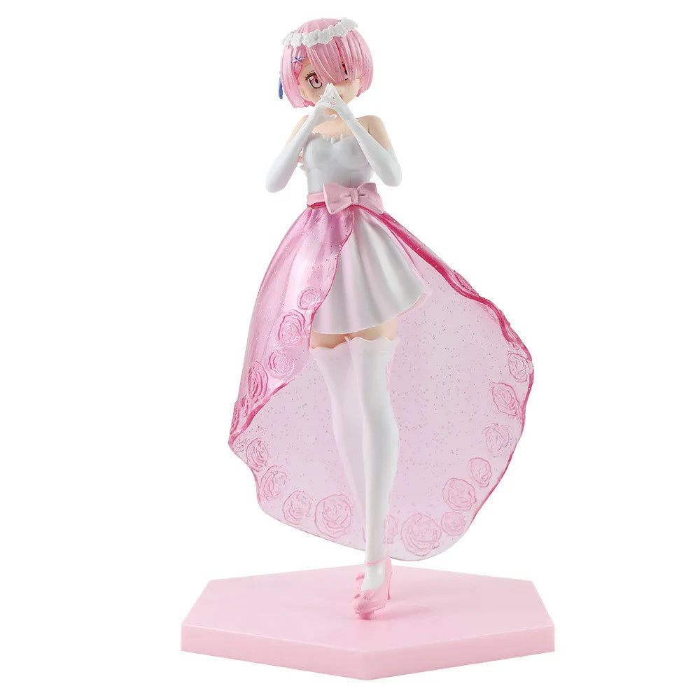 Anime figure of a girl with pink hair in a white dress and pink skirt, posed on a hexagonal base