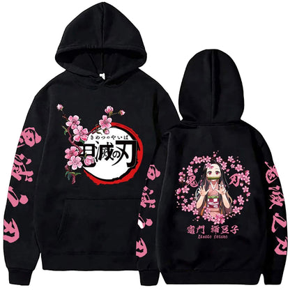 Black anime hoodie for men featuring floral designs and vibrant character graphics