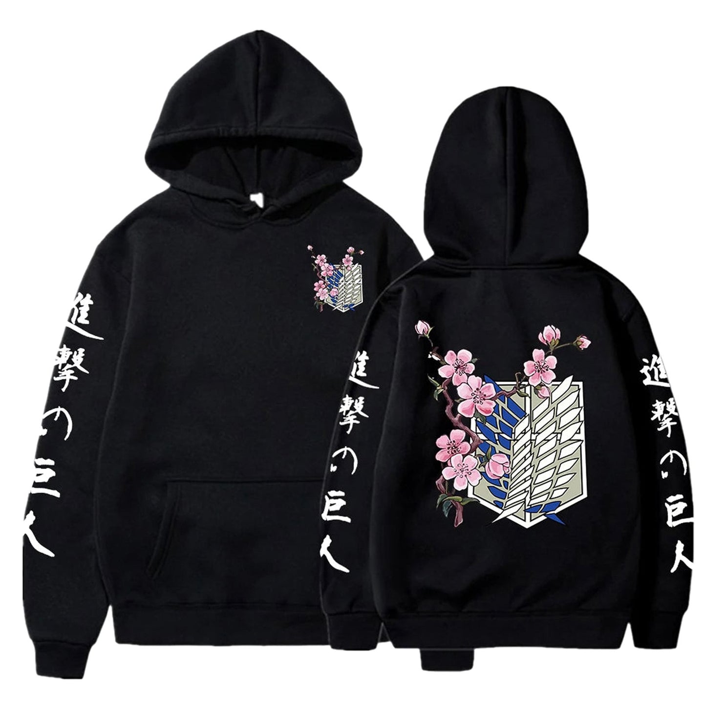 Black anime hoodie for men featuring cherry blossom design and Japanese characters on sleeves