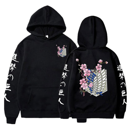 Black anime hoodie for men featuring cherry blossom design and Japanese characters on sleeves
