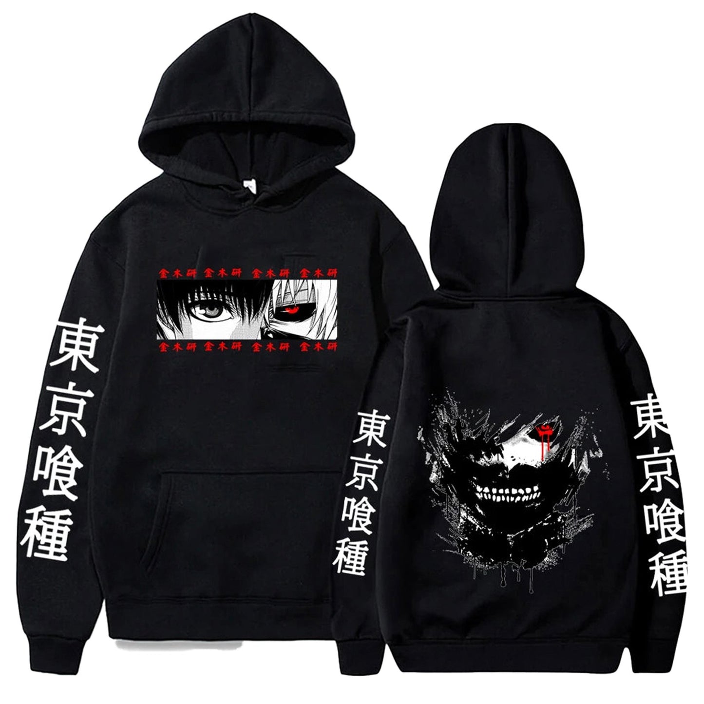 Black anime hoodie for men featuring striking graphic designs on front and back with Japanese text
