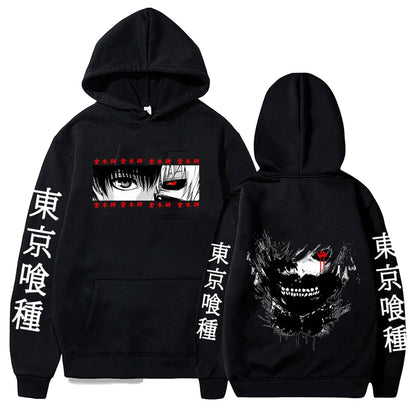 Black anime hoodie for men featuring striking graphic designs on front and back with Japanese text